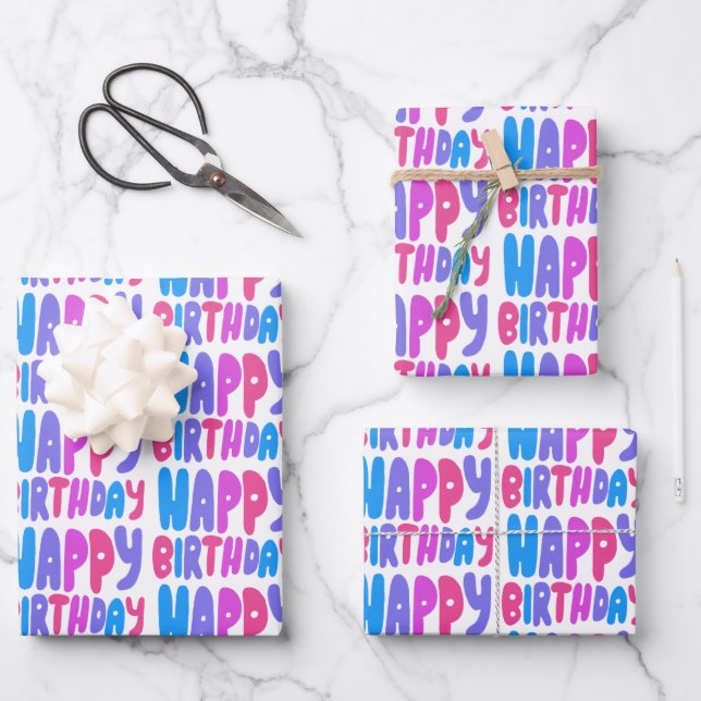 Colourful Happy Birthday Bubble Letter Pattern Gif Wrapping Paper Sheet (Front)