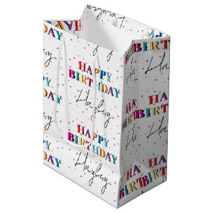 Colourful Happy Birthday Custom Name Confetti Medium Gift Bag
