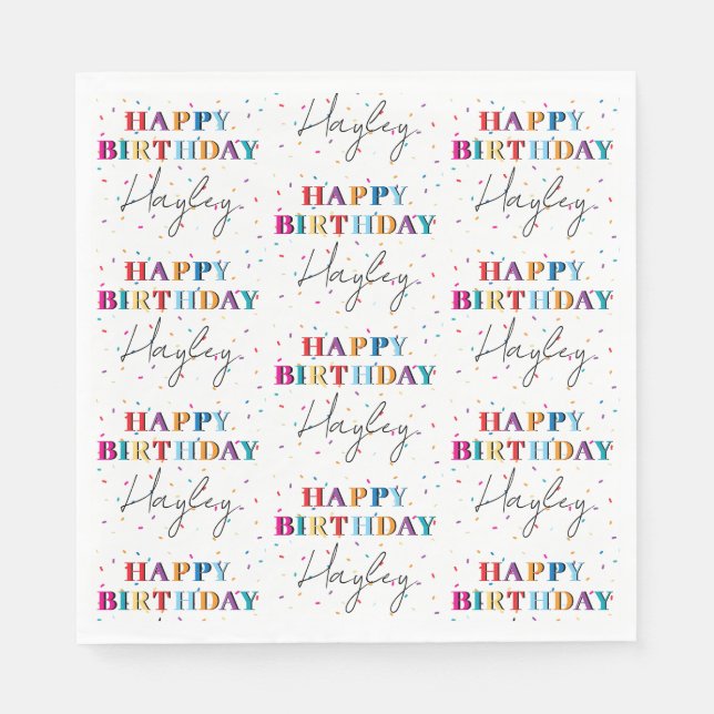 Colourful Happy Birthday Custom Name Confetti Napkin (Front)