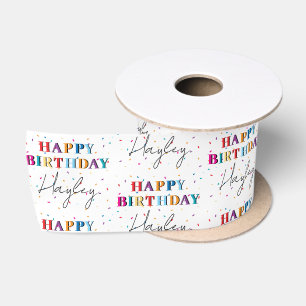 Colourful Happy Birthday Custom Name Confetti Satin Ribbon