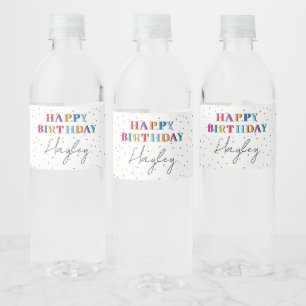 Colourful Happy Birthday Custom Name Confetti Water Bottle Label
