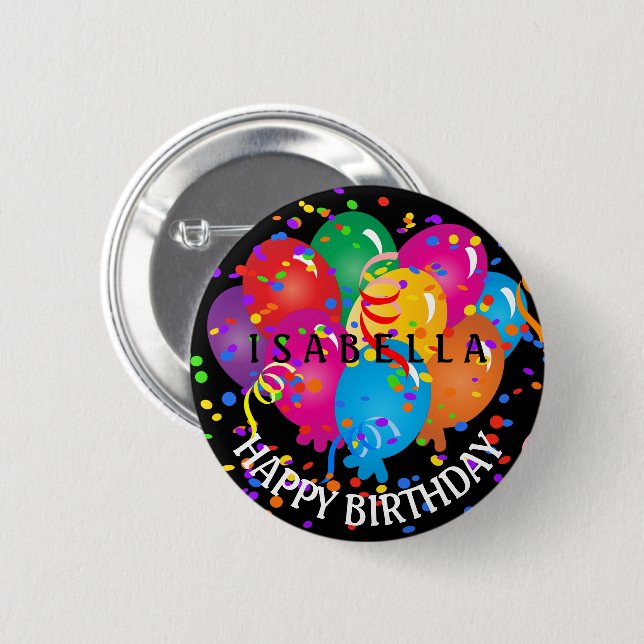 Colourful Happy Birthday Design on Black 2 Inch Round Button (Front & Back)