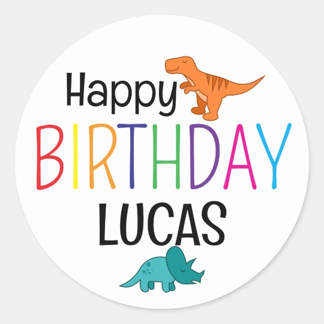 Colourful Happy Birthday Dinosaur Personalized  Classic Round Sticker (Front)