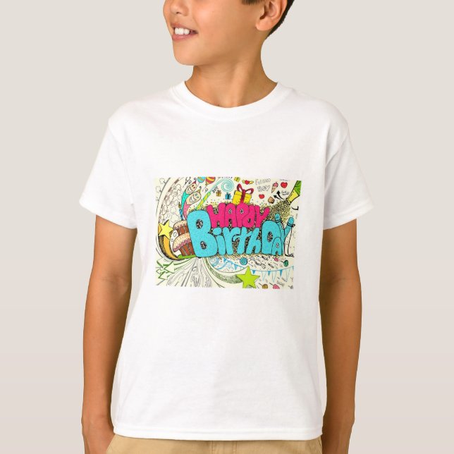 Colourful Happy Birthday Doodle with Party Element T-Shirt (Front)