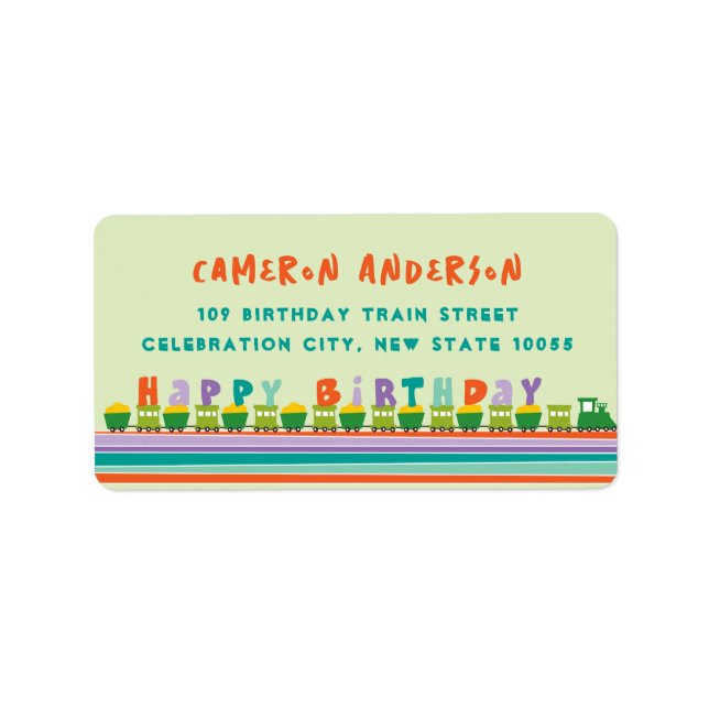 Colourful Happy Birthday Green Train Kid's Address Label (Front)