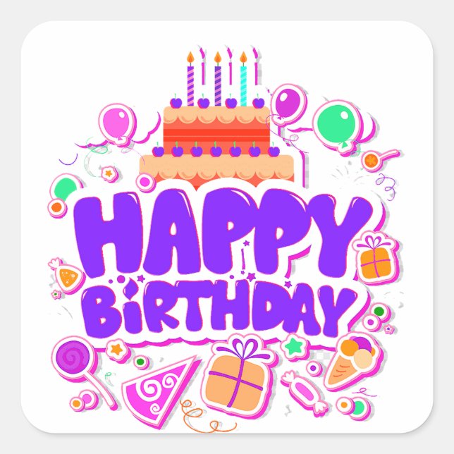 Colourful Happy Birthday Greeting With Cake Square Sticker (Front)