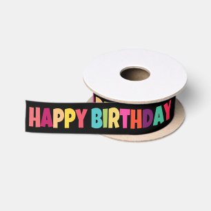 Colourful Happy Birthday on Black Satin Ribbon