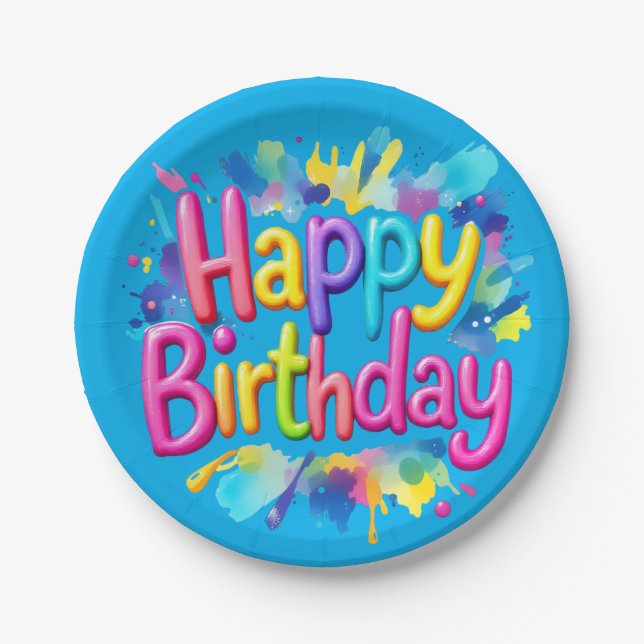 Colourful "Happy Birthday" Paint Splatter  Paper Plate (Front)
