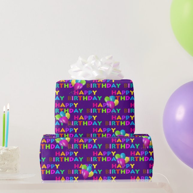 Colourful Happy Birthday Text With Balloons Wrapping Paper (Party Gifts)