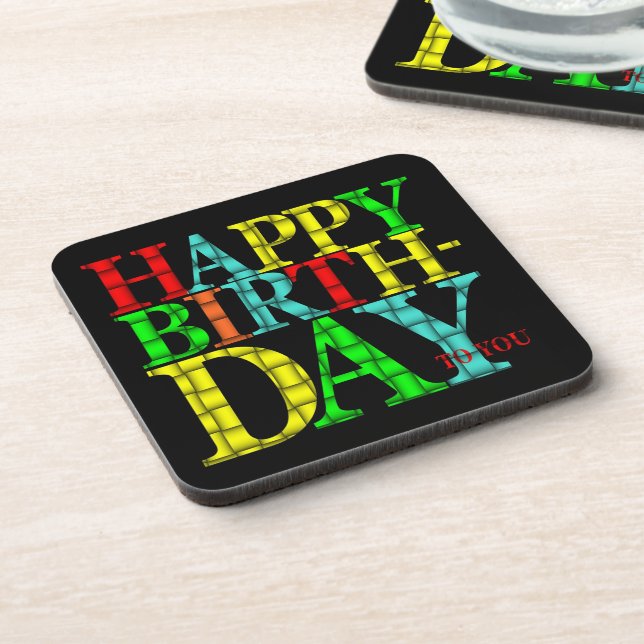 Colourful Happy Birthday Text with Black Backgroun Coaster (Left Side)