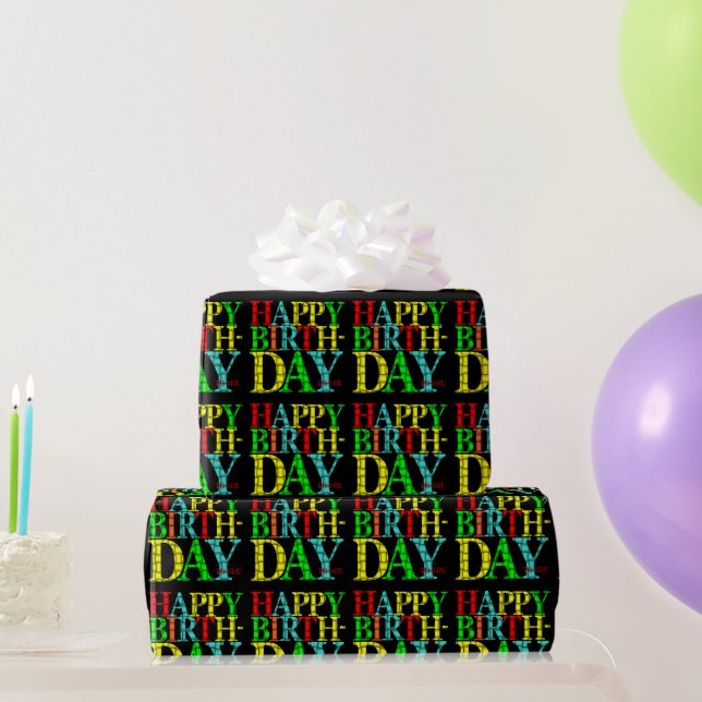 Colourful Happy Birthday Text with Black Backgroun Wrapping Paper (Party Gifts)