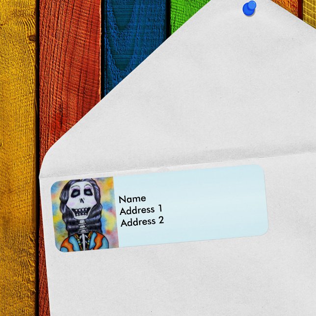 Colourful Happy Day of the Dead Skeleton (Day of Dead woman in blue and orange cape on colourful background on light blue return address label)