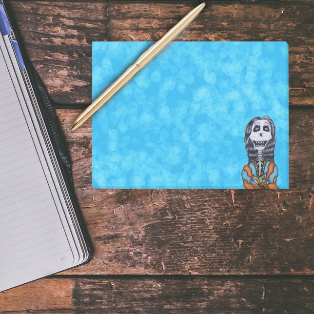 Colourful Happy Day of the Dead Skeleton Post-it Notes (Happy Day of the Dead skeleton woman in brightly coloured cape on shades of blues post it notes.)