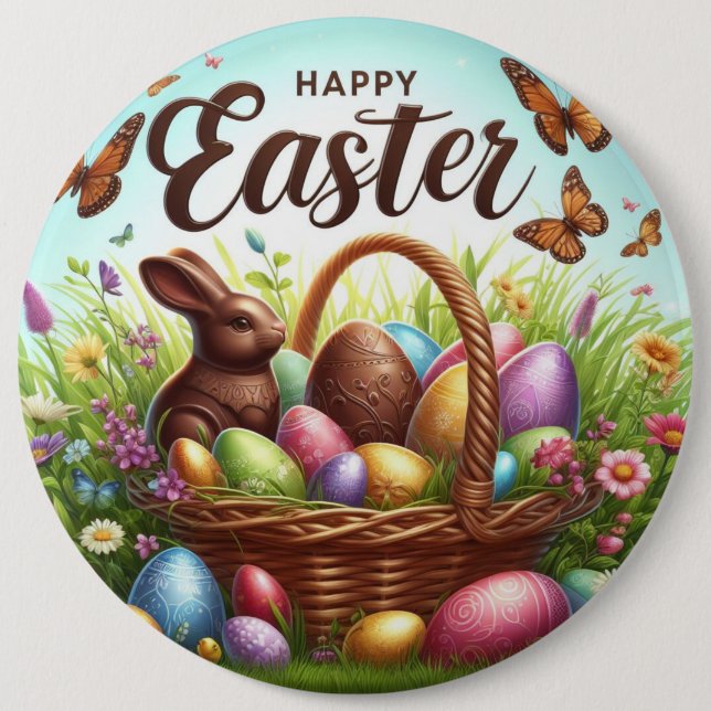 Colourful, Happy Easter basket with eggs 6 Inch Round Button (Front)