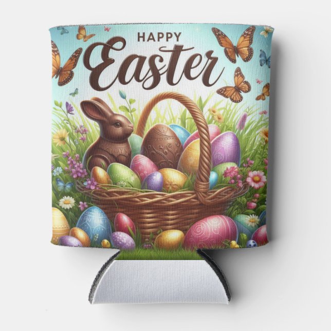 Colourful, Happy Easter basket with eggs Can Cooler (Front)