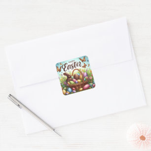 Colourful, Happy Easter basket with eggs Square Sticker