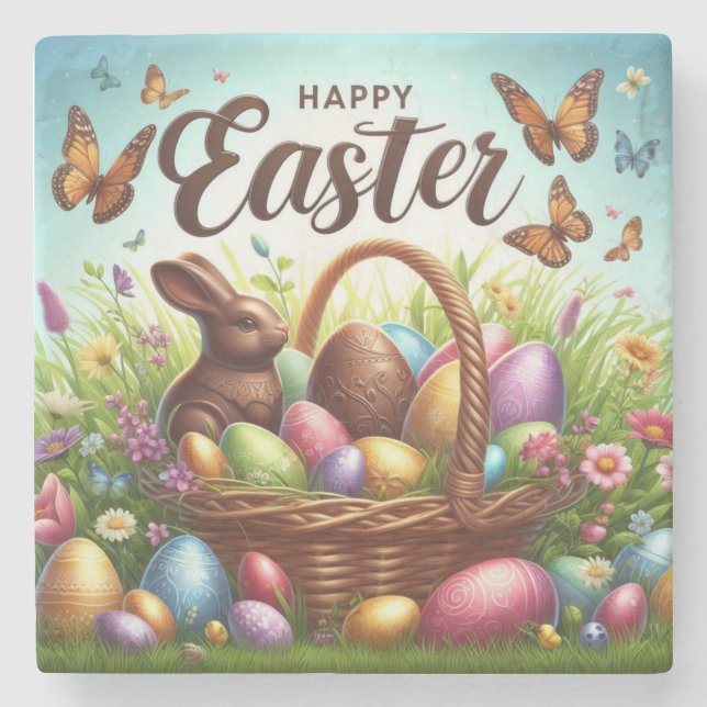 Colourful, Happy Easter basket with eggs Stone Coaster (Front)