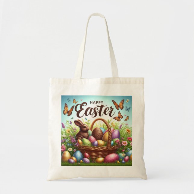 Colourful, Happy Easter basket with eggs Tote Bag (Front)