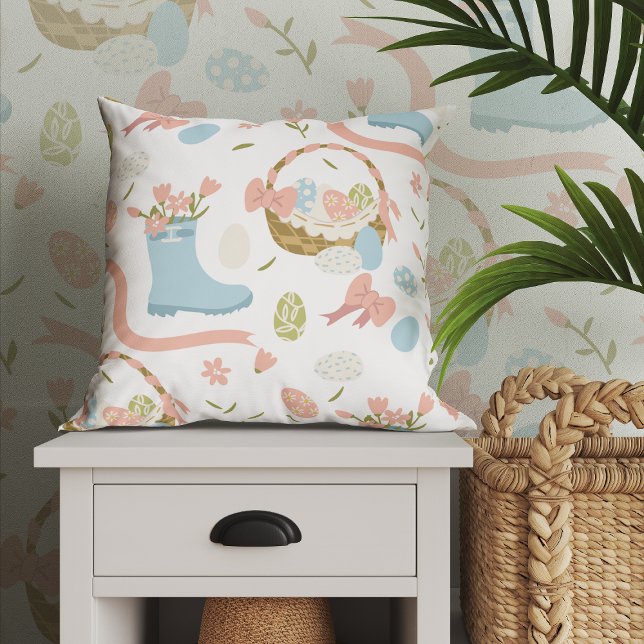 Colourful Happy Easter Eggs In Spring Basket Throw Pillow (Creator Uploaded)