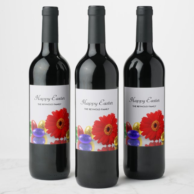 Colourful Happy Easter Eggs Red Gerbera Wine Label (Bottles)