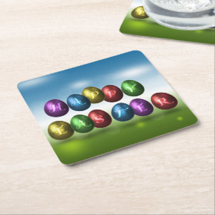 Colourful Happy Easter Eggs Square Paper Coaster