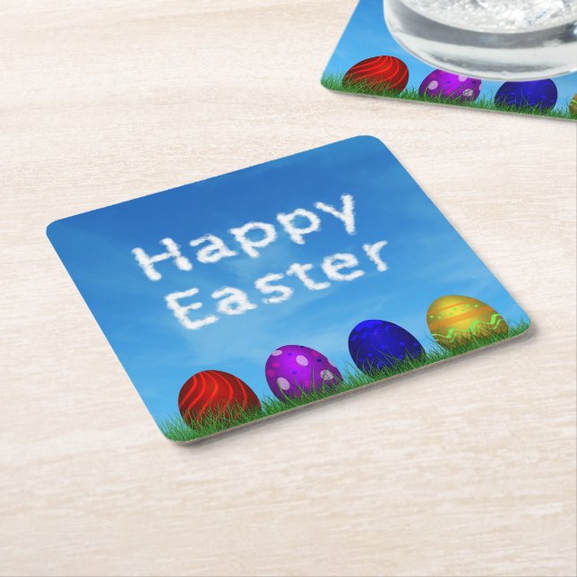 Colourful Happy Easter Eggs Square Paper Coaster (Angled)