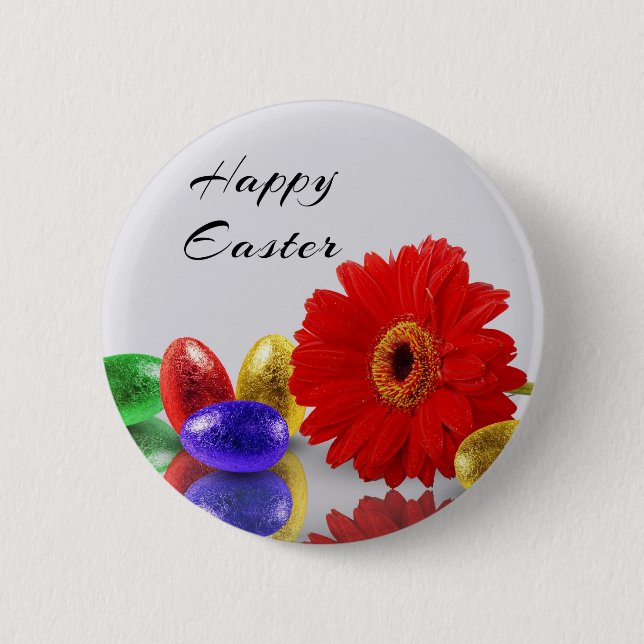 Colourful Happy Easter Eggs with Gerbera 2 Inch Round Button (Front)