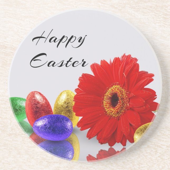 Colourful Happy Easter Eggs with Gerbera Coaster (Front)
