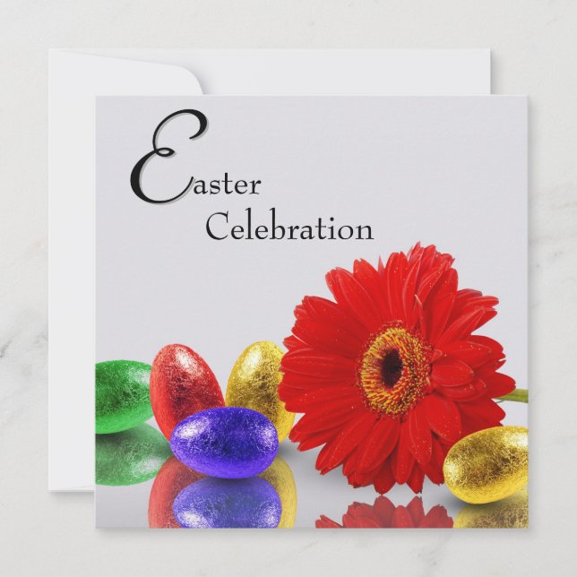 Colourful Happy Easter Eggs with Gerbera Invitation (Front)