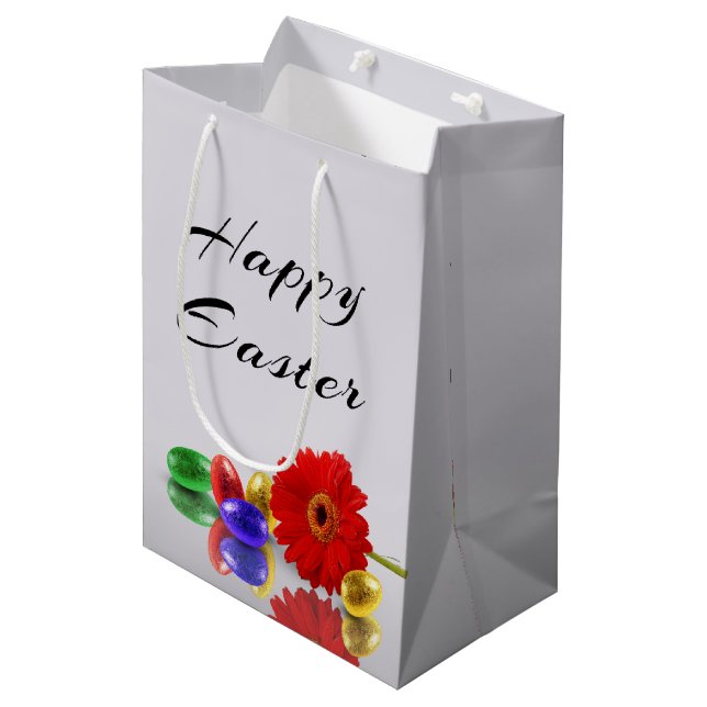 Colourful Happy Easter Eggs with Gerbera Medium Gift Bag (Front Angled)