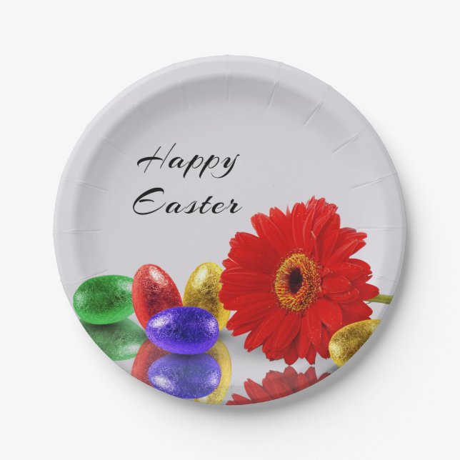 Colourful Happy Easter Eggs with Gerbera Paper Plate (Front)