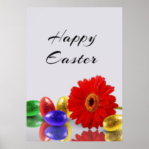 Colourful Happy Easter Eggs with Gerbera Poster