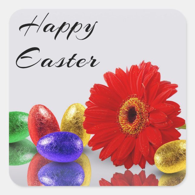 Colourful Happy Easter Eggs with Gerbera Square Sticker (Front)