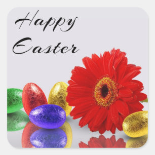 Colourful Happy Easter Eggs with Gerbera Square Sticker