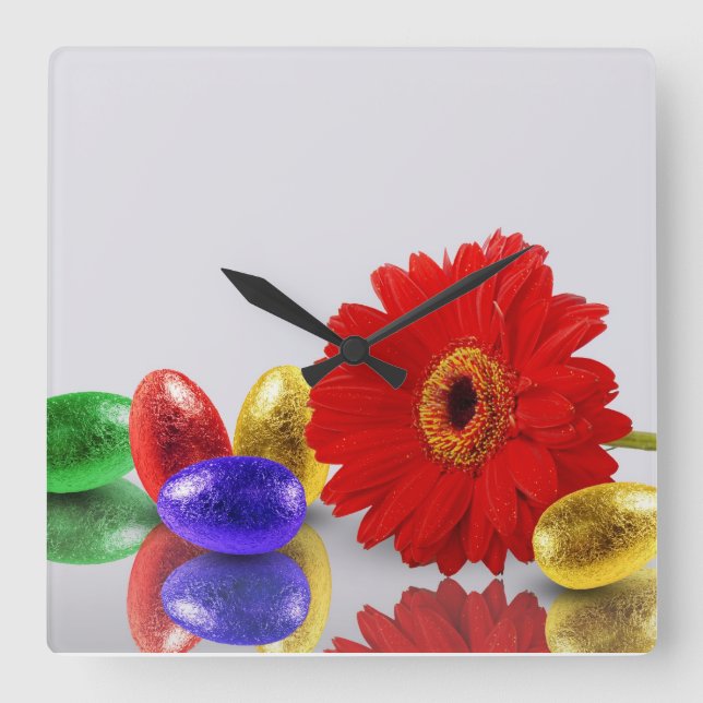 Colourful Happy Easter Eggs with Gerbera Square Wall Clock (Front)