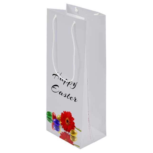 Colourful Happy Easter Eggs with Gerbera Wine Gift Bag (Front Angled)