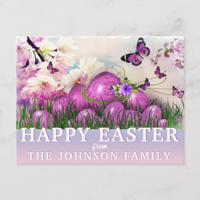 Colourful HAPPY EASTER Purple Butterflies Eggs Holiday Postcard (Front)