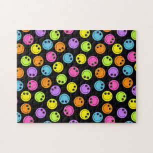 Colourful Happy Emoji Faces on Black Jigsaw Puzzle