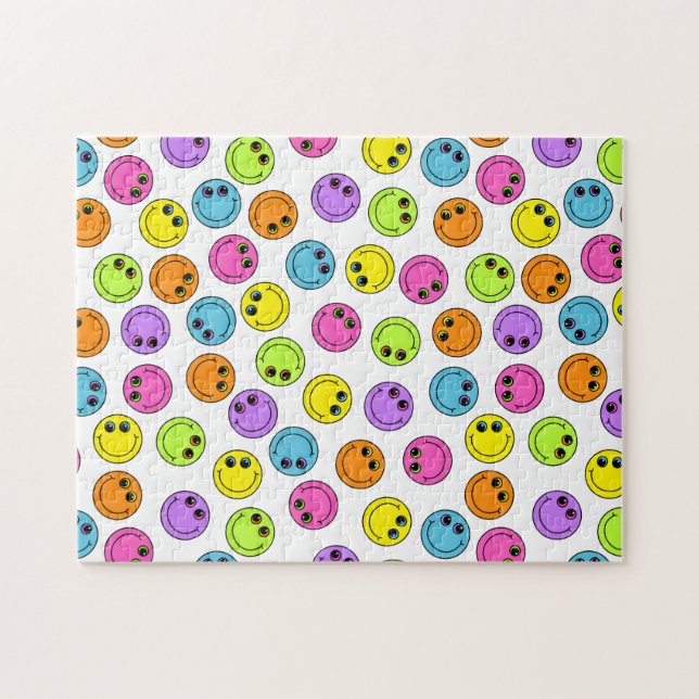 Colourful Happy Emoji Faces on White Jigsaw Puzzle (Horizontal)