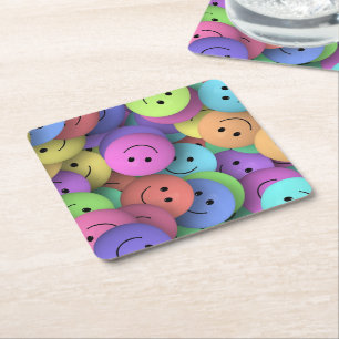 Colourful Happy Faces Emoji Art Square Paper Coaster