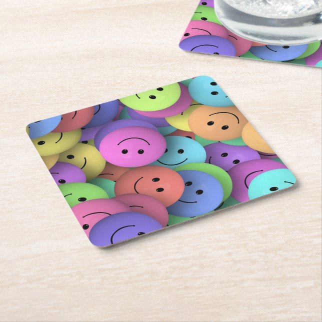 Colourful Happy Faces Emoji Art Square Paper Coaster (Angled)