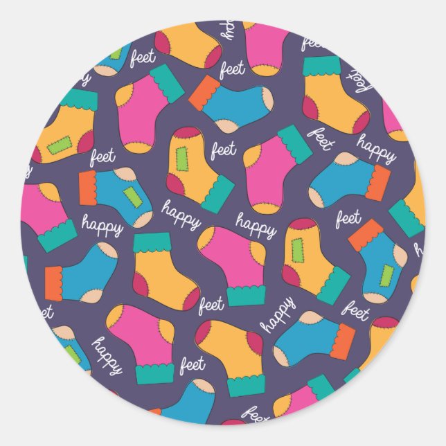 Colourful Happy Feet Socks Pattern Classic Round Sticker (Front)