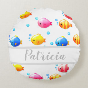 Colourful Happy Fish with Bubbles Round Pillow