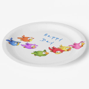 Colourful Happy Flying Birds - Cute Funny Sparrows Paper Plate