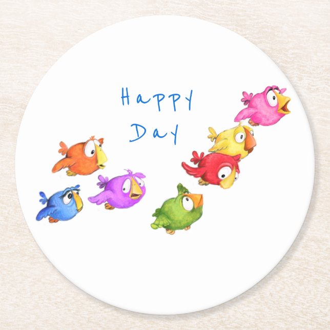 Colourful Happy Flying Birds - Cute Funny Sparrows Round Paper Coaster (Front)