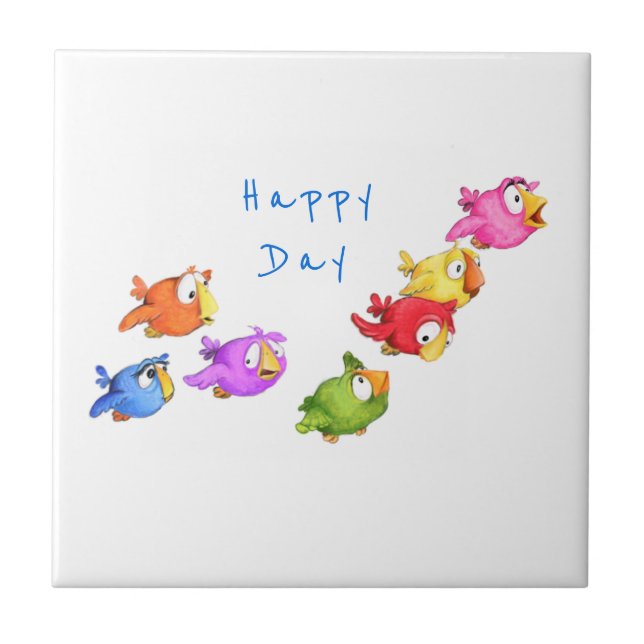 Colourful Happy Flying Birds - Cute Funny Sparrows Tile (Front)