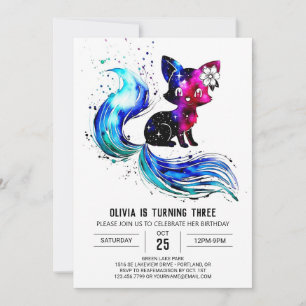 Colourful Happy Fox Digital Girl Birthday Invitation