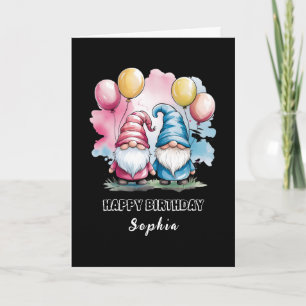 Colourful happy gnomes with balloons card