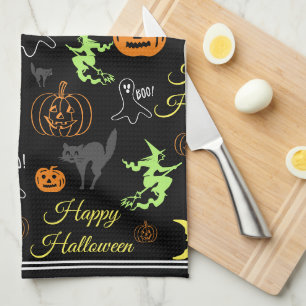 Colourful Happy Halloween Pattern Black Kitchen Towel