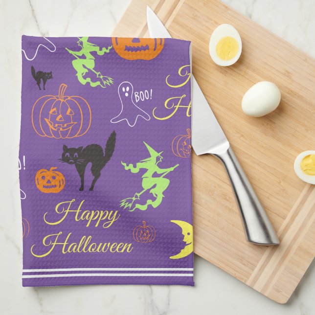 Colourful Happy Halloween Pattern Purple Kitchen Towel (Quarter Fold)